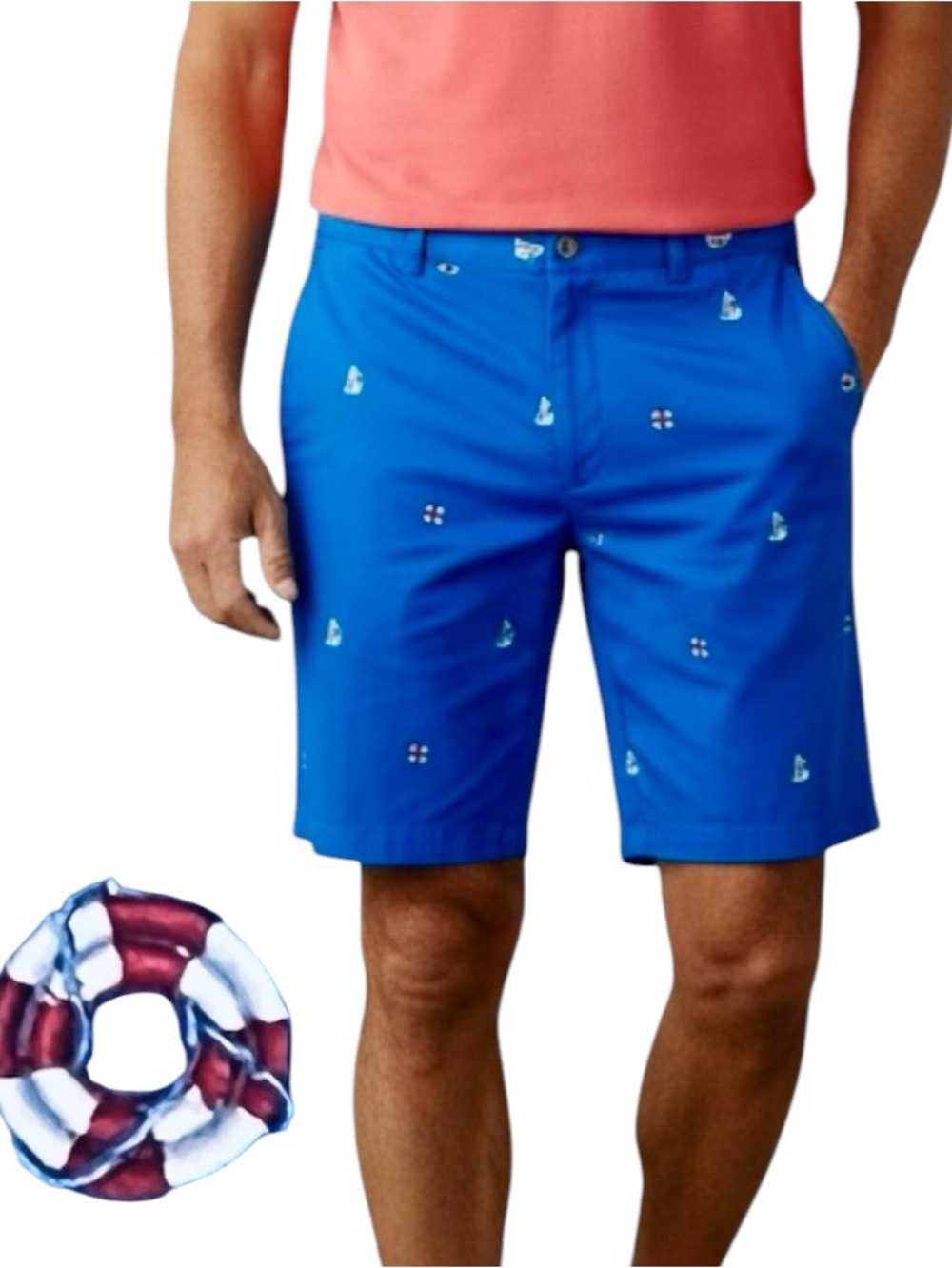 J McLaughlin Shorts Mens Blue Fishing Embroidered Chino Flat Outdoor Sz 36x9 NEW